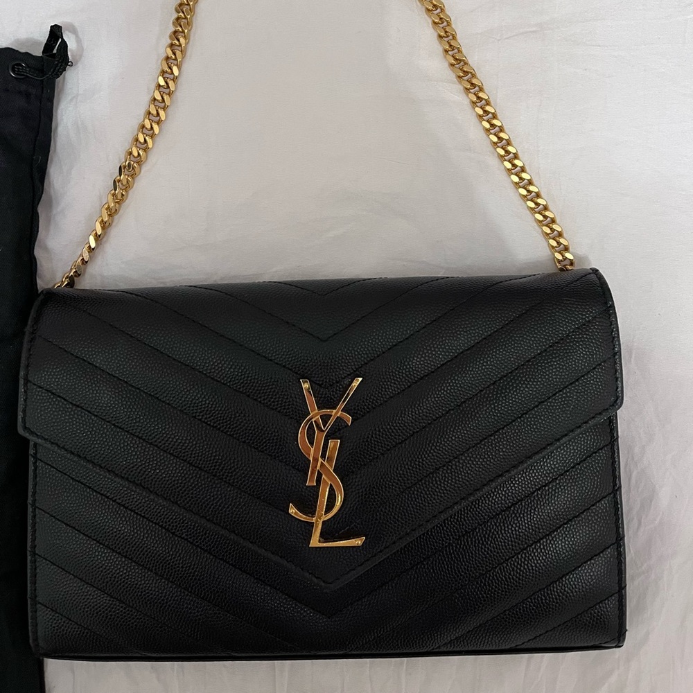 Authentic YSL black calfskin Matelassé Envelope Wallet on Chain